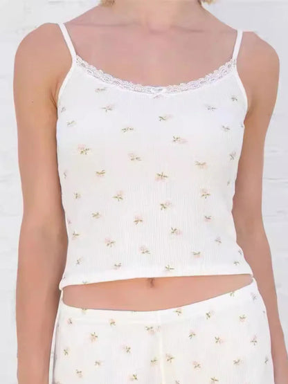 maoxiangshop  -  Lace Trim Flower Crop Tops Women Summer Clothes 2024 Waffle Cotton Sexy 2000s Y2K Camisole Tanks Girls Chic Cute Kawaii Tank Top