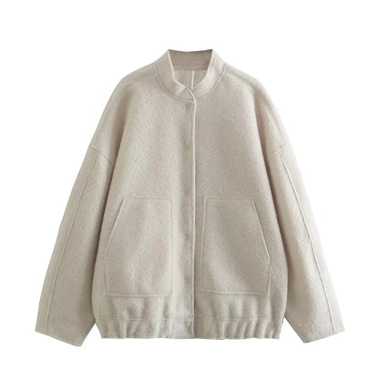 maoxiangshop -  Solid Bombers Jackets Coat For Women Loose Long Sleeve With Button Outwear Tops Autumn Fashion Casual Female Pocket Jacket