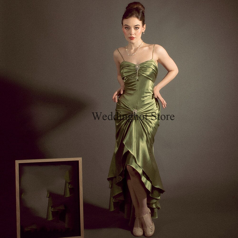 maoxiangshop Women's Prom Dress Spaghetti Straps Mermaid Green Prom Gown Satin Sleeveless Hi-lo Pleat Sexy Party Dresses for Wedding