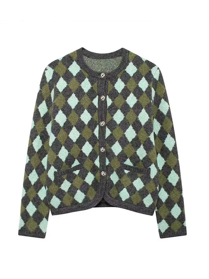 maoxiangshop  -  Elegant Plaid Knitted Cardigan Women Casual O-neck Long Sleeve Single Breasted Female Sweater 2024 Autumn Pocket Lady Knitwear
