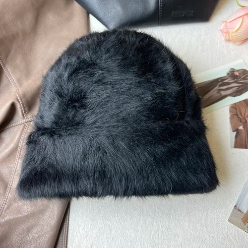 maoxiangshop New Fashion Rabbit Fur Y2k Beanies for Women Soft Warm Fluffy Angola Winter Hat Female Windproof Bonnet Hat Skullies Cap