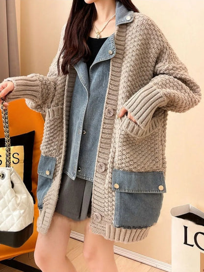 2023 Spring Autumn Denim Patchwork Loose Lazy Style Thickened Clothes Knitted Sweater Coat Cardigan Top Women