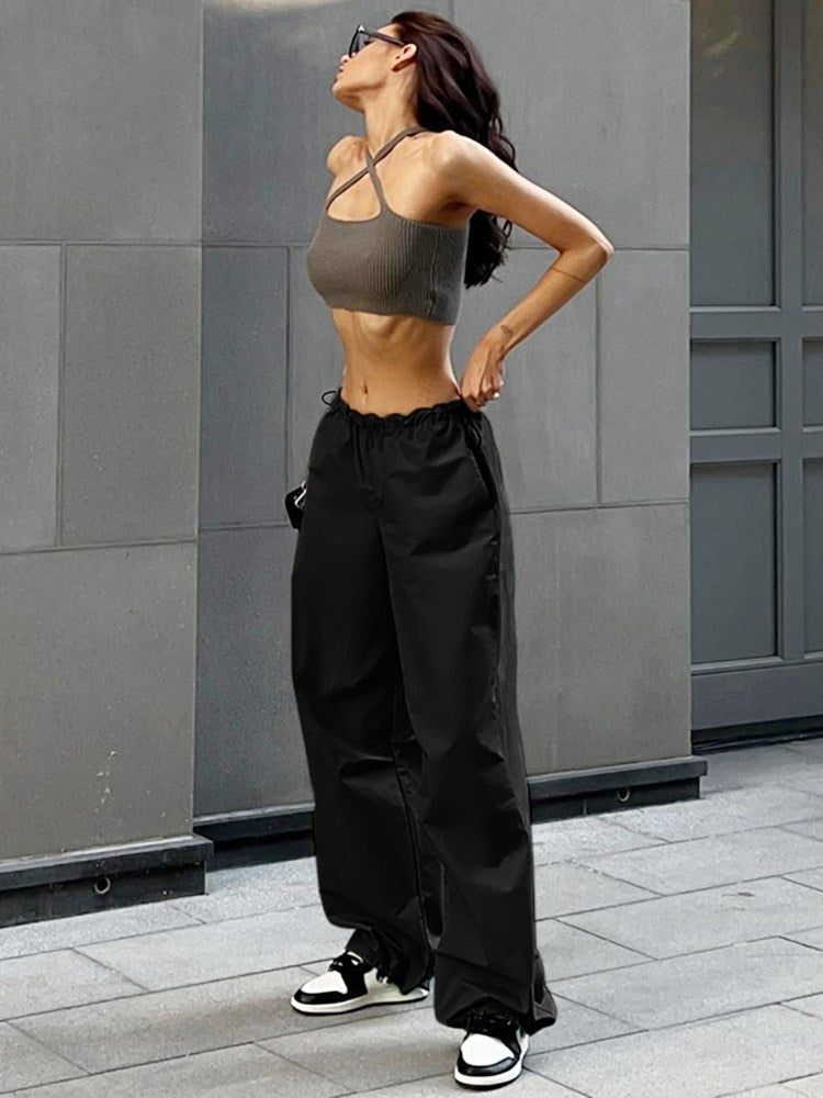 maoxiangshop Fashion High Street Cargo Pants Women Casual Sweatpants Solid Loose Trousers Drawstring Waist Wide Leg Pants Y2K Party