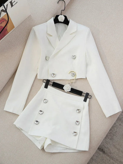 Autumn Small Fragrance Two Piece Set Women Crop Top Short Blazer Coat + High Waist Shorts Sets High Street 2 Piece Pant Suits