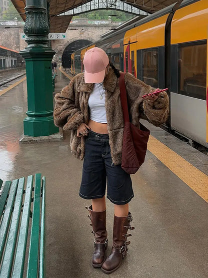 maoxiangshop -  Fluffy Faxu Fur Plush Coat For Women Brown Long Sleeve Lapel Oversized Outwear Thick Warm Winter Female Street Jacket
