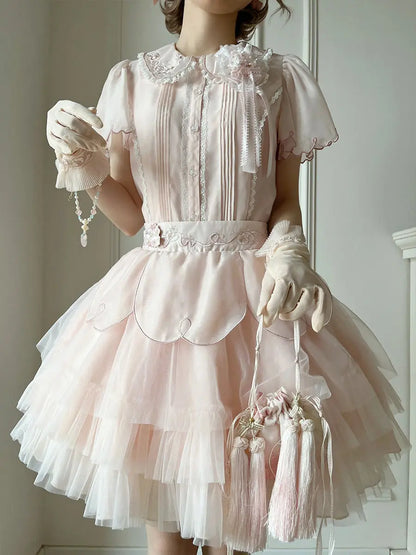 maoxiangshop  -  Pink Lolita Kawaii 2 Piece Set Women Japanese Cute Party Tops Suit Female 2024 Bubble Sleeve Elegant Blouse + Fairy Cake Skirt