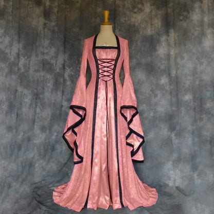 maoxiangshop  -   Gothic Victoria Medieval Vintage Costume For Halloween Cosplay Square Collar Long Batwing Sleeve Patchwork Lace-Up Long Dress