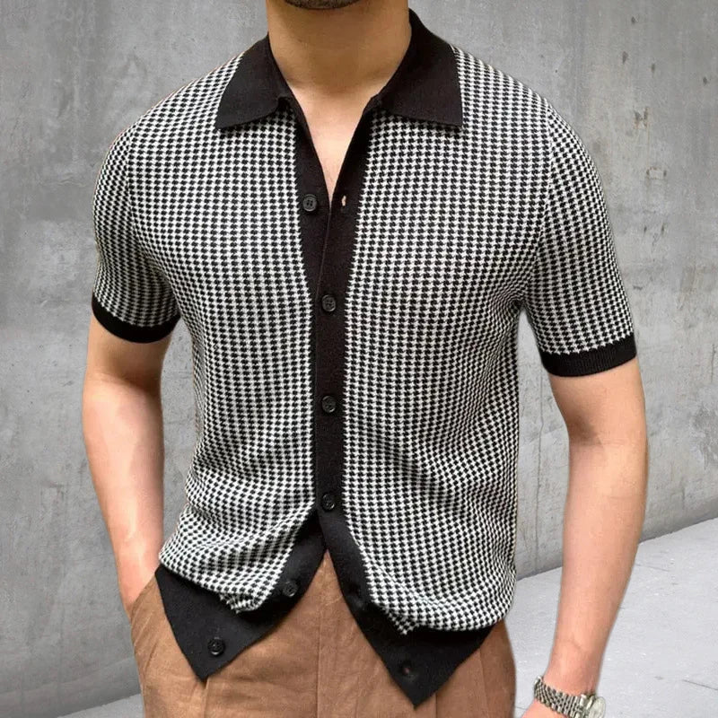 maoxiangshop Leisure Knitting Mens Shirt Short Sleeve Button Turn-down Collar Houndstooth Knit Tops Beach Men Summer Casual Solid Color Tops