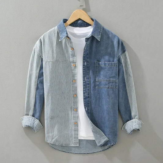 maoxiangshop New Men's Denim Shirts Spring High Street Loose Long Sleeves Jean Tops Stripe Patchwork Designer Shirt Youth Fashion Overshirt