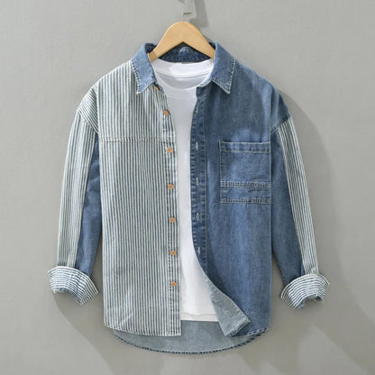 maoxiangshop New Men's Denim Shirts Spring High Street Loose Long Sleeves Jean Tops Stripe Patchwork Designer Shirt Youth Fashion Overshirt