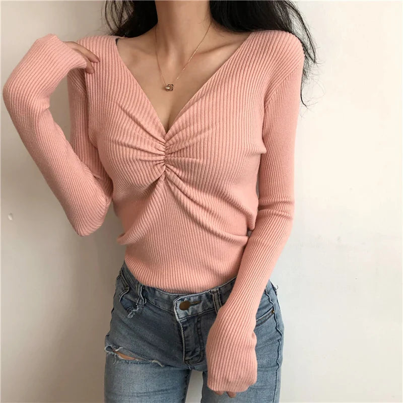 maoxiangshop Sexy V Neck Women Sweater Autumn Knitted Pullover Jumper Chic Soft Korean Slim Long Sleeve Female Basic Top New