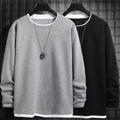 maoxiangshop Fake two long sleeve hoodie men spring and autumn loose jacket to wear simple solid color large size casual T-shirt
