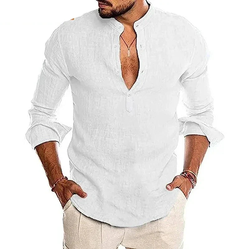 maoxiangshop Mens Button Down Shirt Linen Cotton Shirts Casual Long Sleeve Spread Collar Lightweight Beach Solid Color Tops