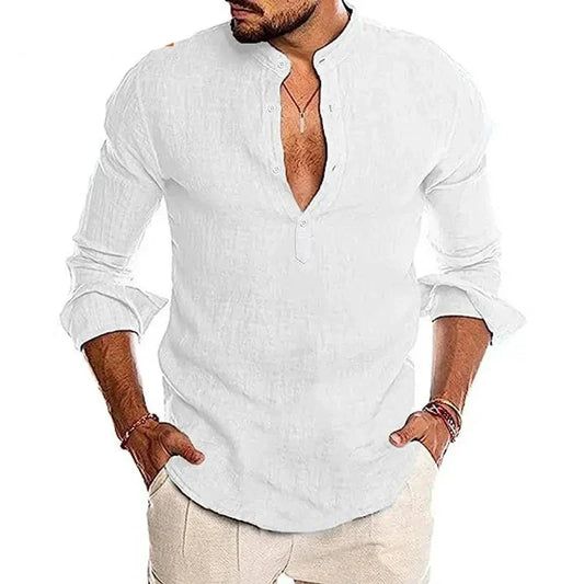 maoxiangshop Mens Button Down Shirt Linen Cotton Shirts Casual Long Sleeve Spread Collar Lightweight Beach Solid Color Tops