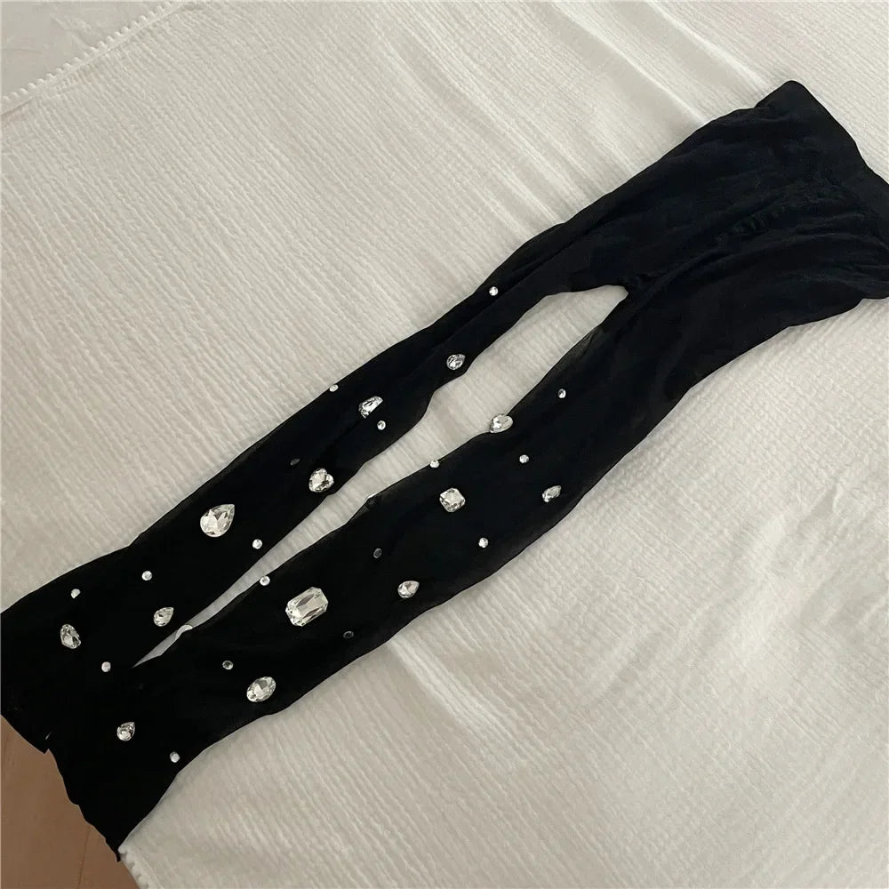 maoxiangshop -  Rhinestones Splice Pantyhose Women Thigh Mesh Sexy See Through Solid Stockings Hot Girl Autumn Clubwear Tights Femme