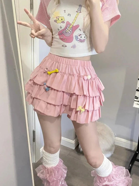 maoxiangshop Kawaii Lolita Skirt Women Ruffle Layered High Waist Cutecore Mini Skirt Shorts Harajuku Japanese Style Soft Girl