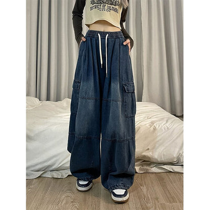maoxiangshopHarajuku Vintage Blue Cargo Jeans Women Oversized Y2K Grunge Black Baggy Denim Pants Hip Hop Streetwear Wide Leg Trousers
