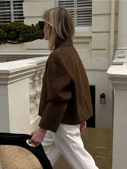 maoxiangshop  -  Elegant Women Solid Single Breasted Short Coat Chic Lapel Long Sleeves Pocket Cropped Overcoats Autumn Lady Commuting Outwear