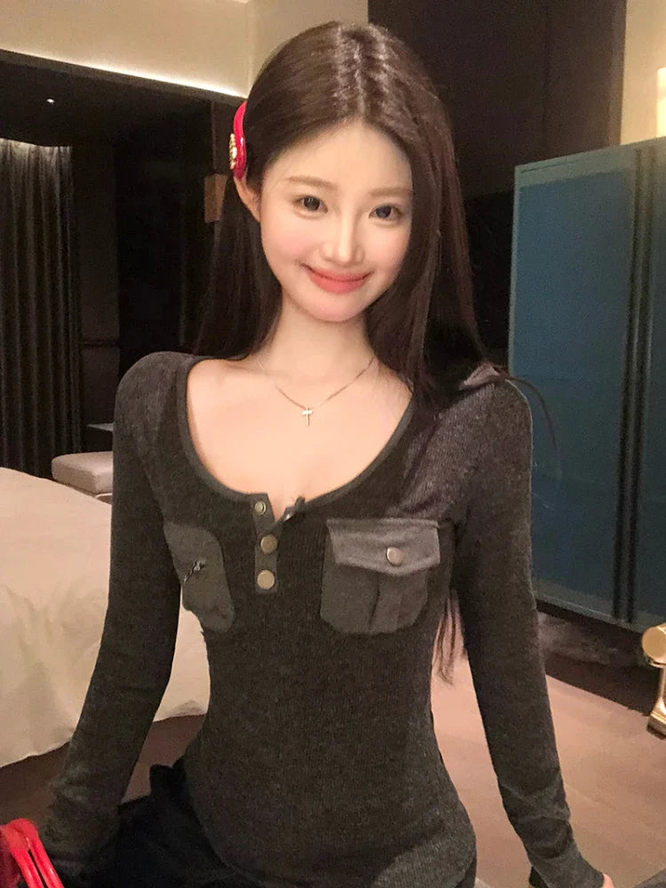 maoxiangshop  -  Y2k Gray Long Sleeve T-shirts for Women White Knitted Base Shirt Pockets Safari Style Slim Low O-neck Autumn Clothes New