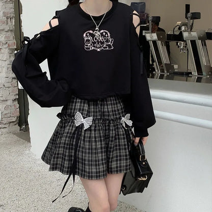 maoxiangshop Kawaii Gothic Lolita Plaid Skirt Women Goth Bow Black High Waist A-line Mini Skirts Japanese Style Harajuku Soft Girl