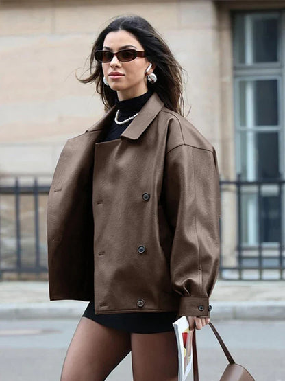maoxiangshop  -  Elegant Leather Double Breasted Women Jackets Solid Brown Lapel Long Sleeves Coat Female 2024 Autumn Winter Street Outwears Lady