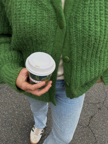 maoxiangshop -  Green Crew Neck Crochet Cardigan For Women Long Sleeve Single Breasted Warm Sweater Autumn Loose Fashion Commute Knitwear