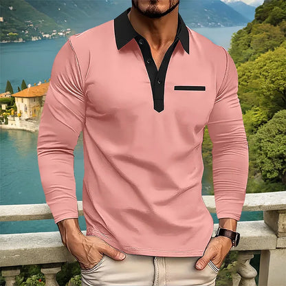maoxiangshop Spring and Autumn Men's Long sleeved Polo Shirt Leisure Fashion Classic V-neck Polo Shirt European and American Large Sizes