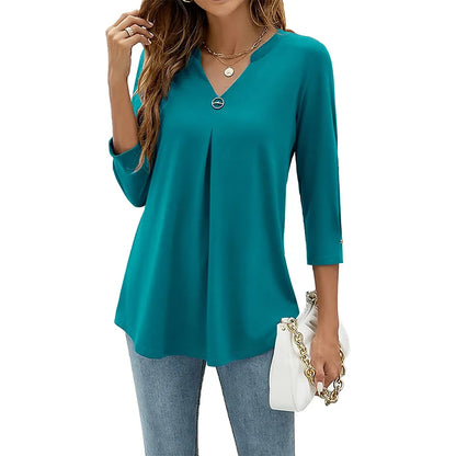 maoxiangshop Womens Autumn V Neck 3/4 Sleeve Shirts Business Casual Tops Loose Work Tunic Blouse