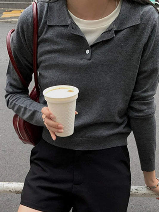 maoxiangshop  -  Solid Knit Long Sleeve T-shirt Women 2024 Autumn New Fashion  Turndown Collar Tops Tee Shirts Lady Casual Vintage Short Jumpers