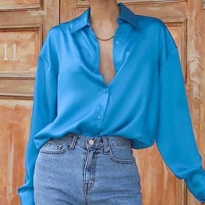 maoxiangshop  -  Autumn Office Lady Loose Turn Down Collar Button Clothes Fashion Blue Shirt New Long Sleeve Shirt for Women Blusas