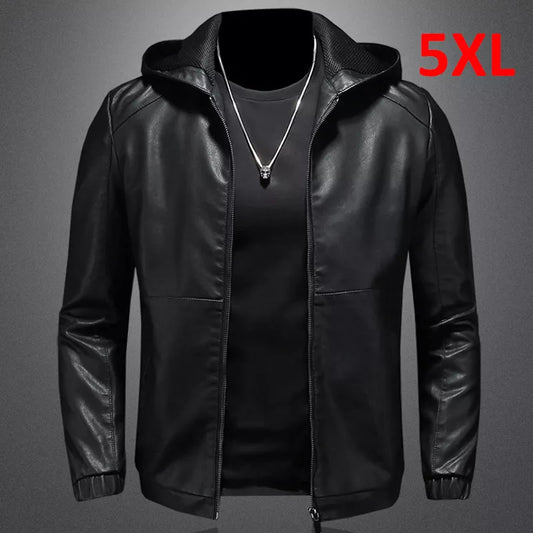 maoxiangshop Hooded PU Jackets Men Biker Jacket Spring Autumn Leather Jacket Coat Male Fashion Casual Black PU Leather Coat Big Size 5XL