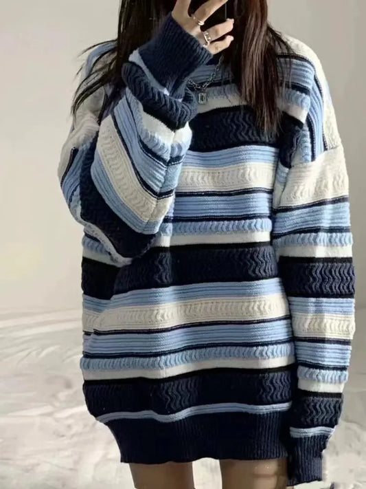maoxiangshop Contrast Striped Pullover Women's Oversized Chunky Long Sleeve Crew Neck Sweater Knit Jumper Autumn Winter Grunge Fashion