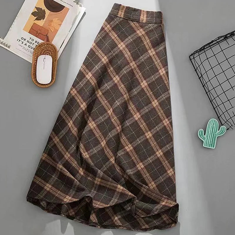 maoxiangshop Autumn Winter Woolen Skirt Women Korean Style Thick High Waist Long Skirt Woman A Line Pleated Plaid Skirt Female