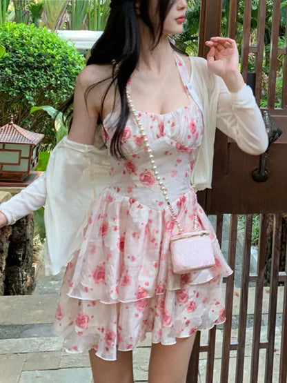 Autumn Sweet Floral Strap Dress Women Sexy Beach Party Korean Mini Dress Female Ruffles Designer Casual Fashion Chic Dress