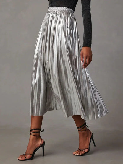 maoxiangshop  -  New Fashion Giny Pleated Long Skirts Autumn Winter High Waist A- Shaped Midi Long Metallic Pleated Skirt for Women Skirts