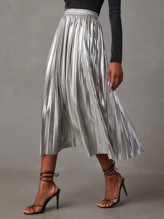maoxiangshop  -  New Fashion Giny Pleated Long Skirts Autumn Winter High Waist A- Shaped Midi Long Metallic Pleated Skirt for Women Skirts