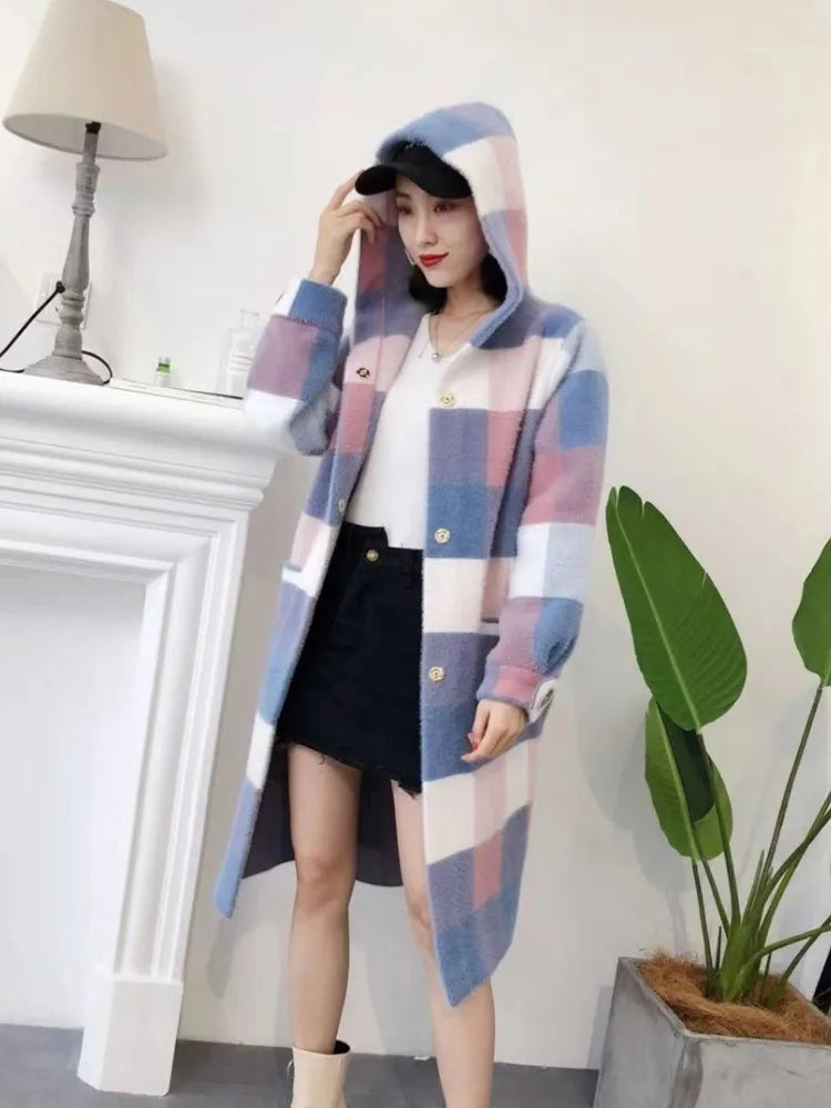 maoxiangshop popular plaid coat winter women's new Korean version imitation mink coat medium long lapel woolen coat