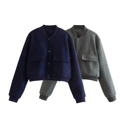 maoxiangshop  -  Fashion Solid Basball Coat Women Elegant O-Neck Oblique Pocket Short Coat Spring Autumn Casual Ladies Restro Jackets Coats