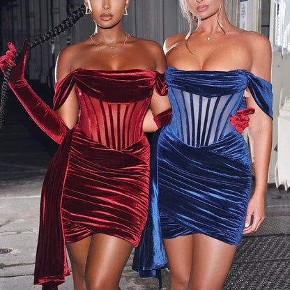 Off The Shoulder Velvet Dress Elegant Wine Red Bodycon Night Evening Party Dresses Draped Mesh Patchwork Women Dress