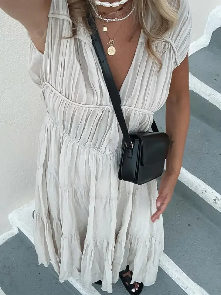 Summer Lady Elegant Pleated Hem Solid Maxi Dress Fashion Short Sleeve Round Neck Robe  Casual Women Commuting Office Dresses