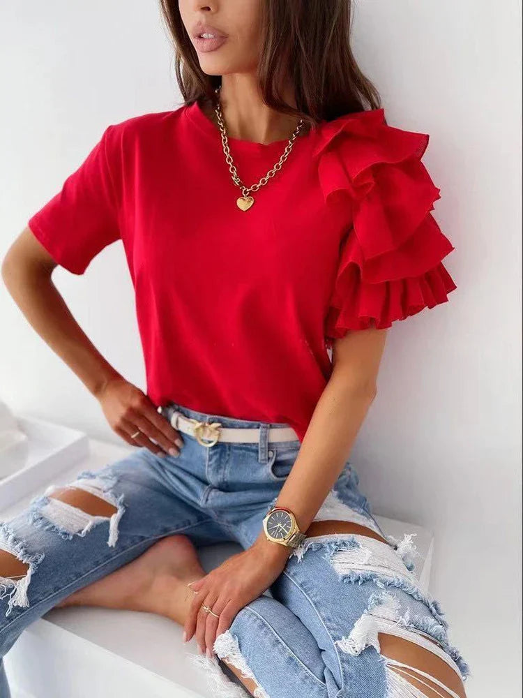 maoxiangshop Women Summer Ruffles Short Sleeve Loose T Shirt Chic Elegant Solid O Neck Tops Casual Simple All Match Tee Streetwear Blouse