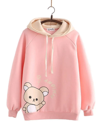 maoxiangshop Harajuku Cartoon Bear Print Kawaii Hoodies Women Winter Long Sleeve Drawstring Fleece Hooded Sweatshirt Female Pullover Top