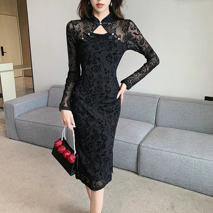 maoxiangshop Vintage Sexy Black Lace Long Sleeve Midi Dresses Women Spring Autumn Korean Elegant Fashions Evening Party Female Clothing