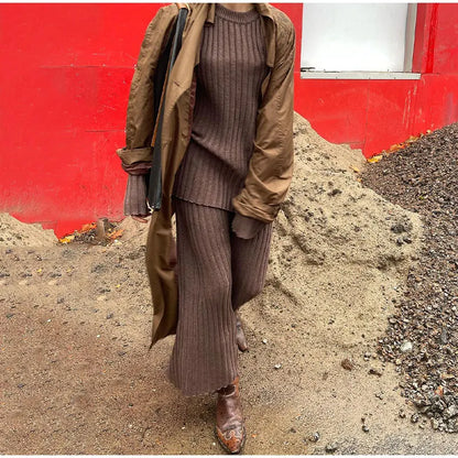 maoxiangshop  -  Casual Solid Knitted Skirt Suits Women Chic Round Neck Long Sleeves High Waist Pullover Tops 2024 Autumn Lady Office Outfit