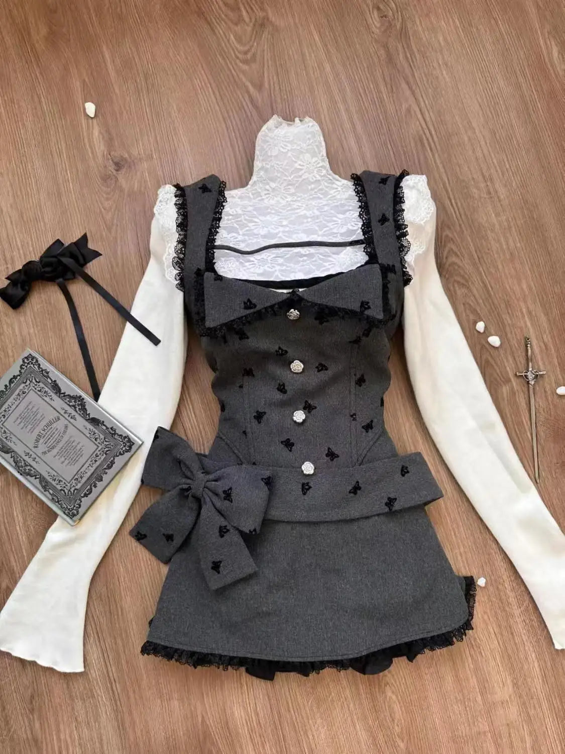 maoxiangshop  -  Sweet Cute White Ruffled Tops+Lace Edge Grey Vest+slimming High Waisted Skirt 3 Piece Set for Women Winter Japanese Skirt Suit