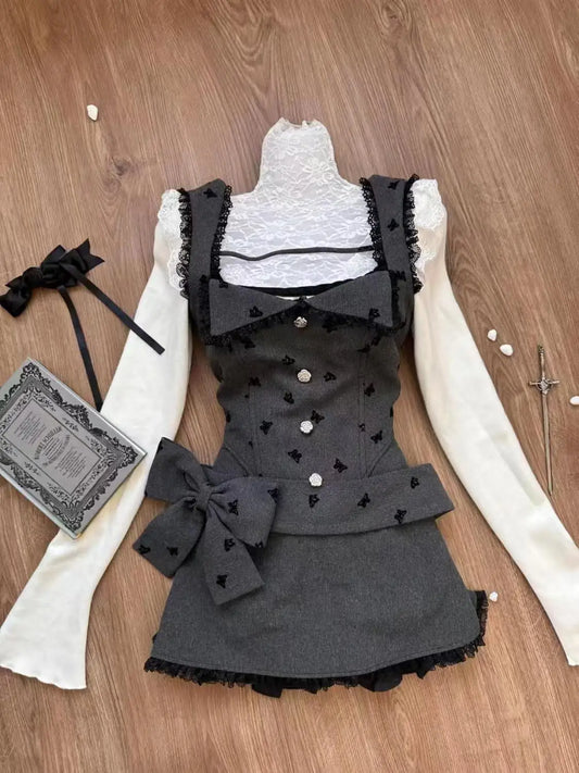 maoxiangshop  -  Sweet Cute White Ruffled Tops+Lace Edge Grey Vest+slimming High Waisted Skirt 3 Piece Set for Women Winter Japanese Skirt Suit
