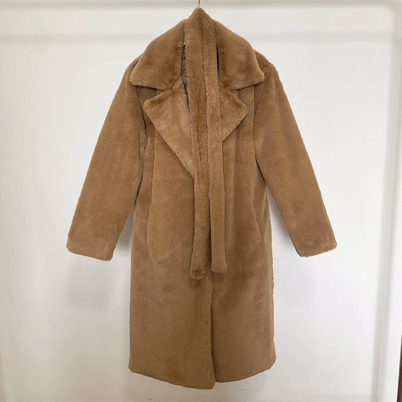 maoxiangshop  -  Luxury Winter Long Overcoats Women Oversized Lapel Belted Faux Rabbit Fur Coat Jacket Female Plus Size Outerwear Plush Fur Coats