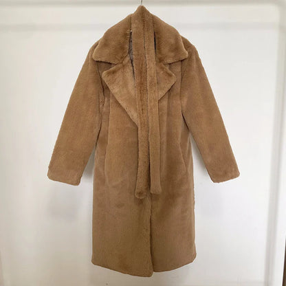 maoxiangshop  -  Luxury Winter Long Overcoats Women Oversized Lapel Belted Faux Rabbit Fur Coat Jacket Female Plus Size Outerwear Plush Fur Coats