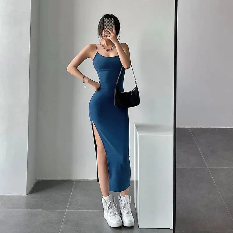 maoxiangshop-2024 New Sexy Sleeveless Slim Long Dress Women Party Club High Split Spaghetti Strap Dresses Woman Bodycon Dress Female