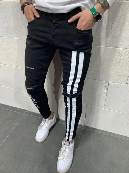 maoxiangshop Men Jeans Knee Hole Ripped Stretch Skinny Denim Pants Solid Color Black Blue Autumn Summer Hip-Hop Style Slim Fit Trousers S-4XL